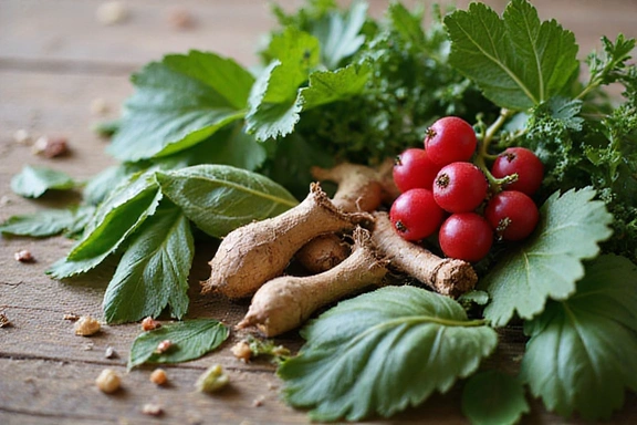 Natural ingredients like herbs and roots, symbolizing natural health solutions.